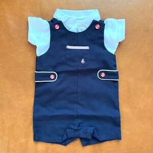 Embroidered Sailboat Navy Shortall Set, 3-6mo